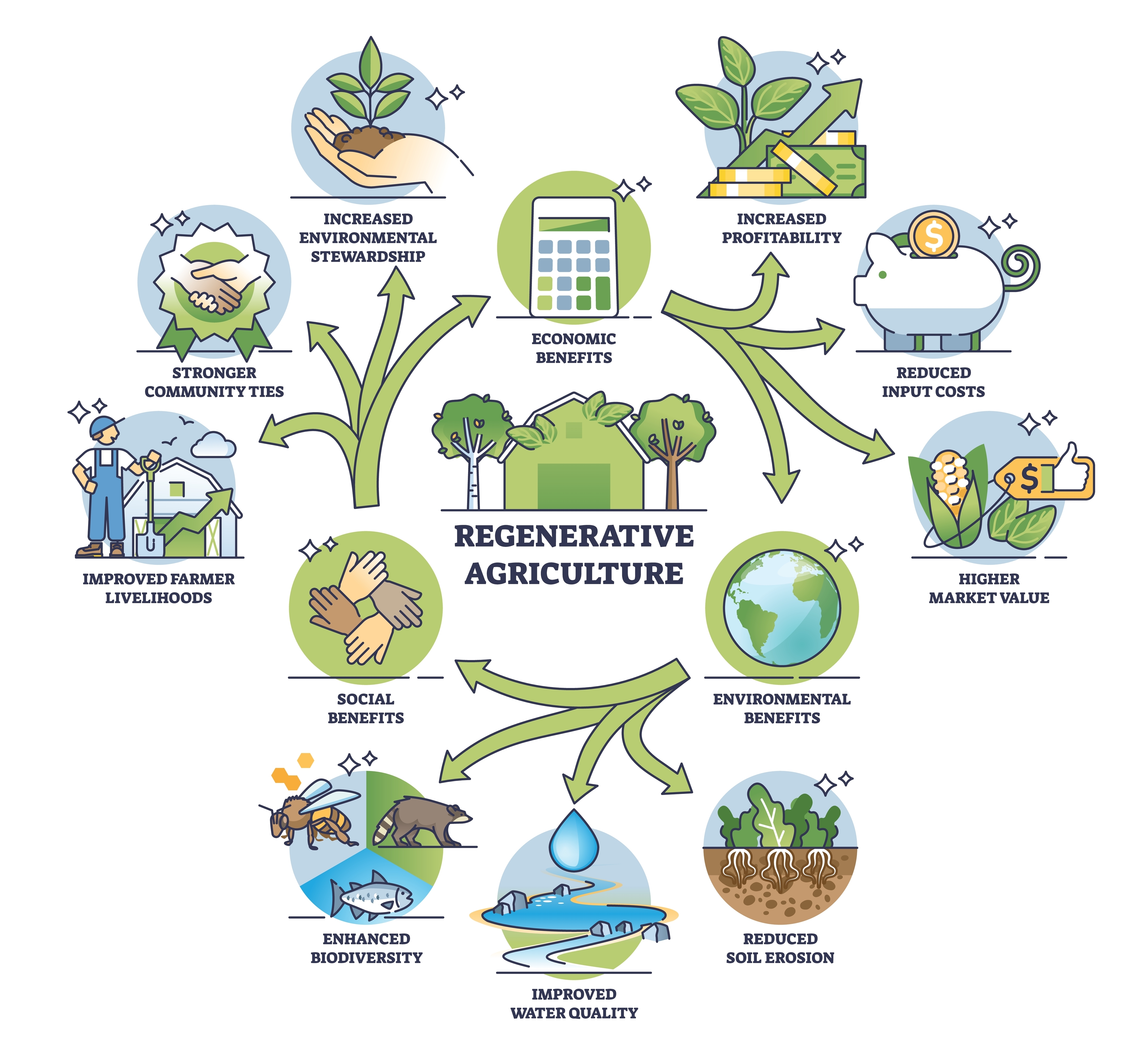 Diagram showing how regenerative agriculture is good for the planet, society, and economy